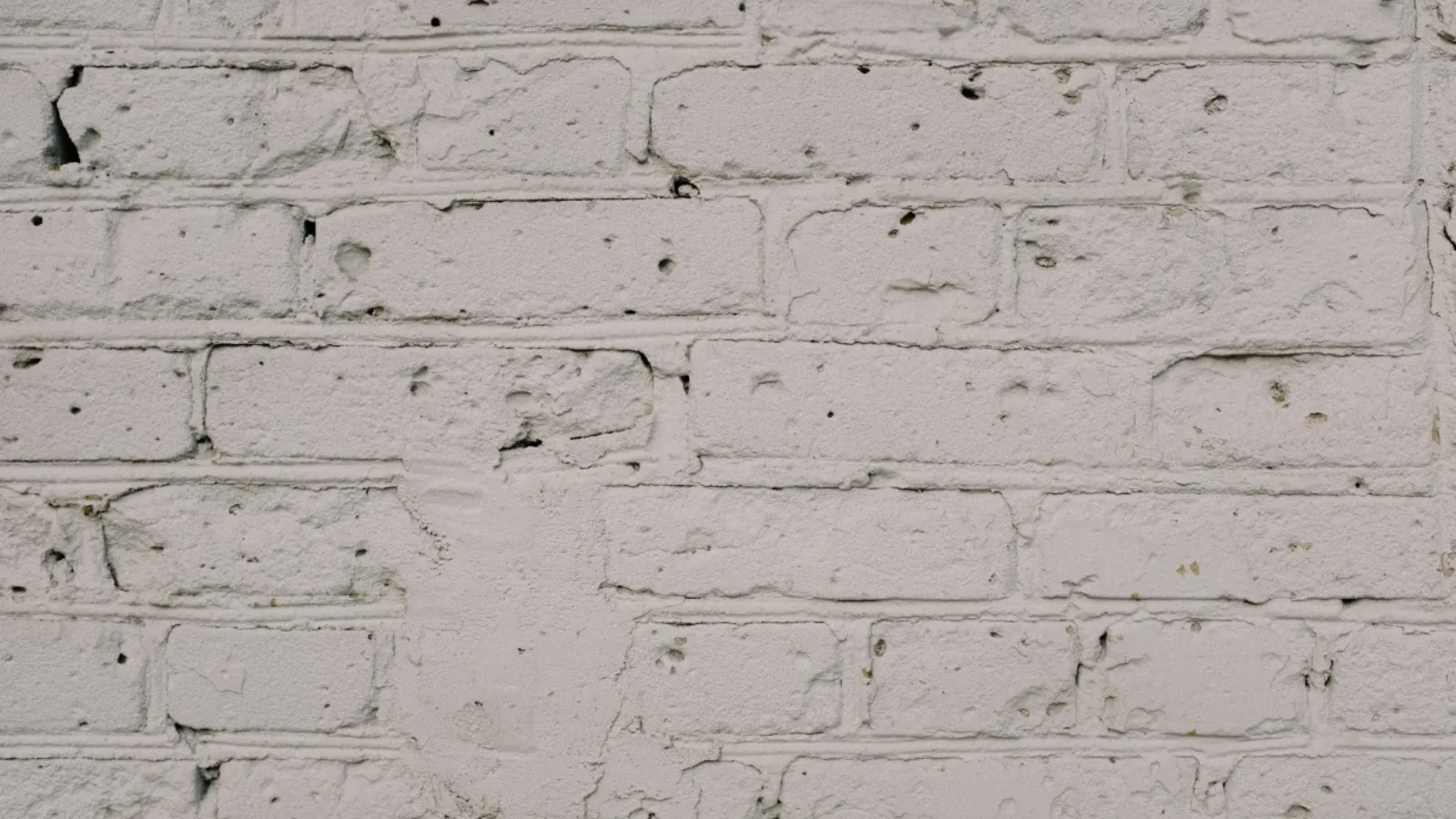 A brick wall covered in thick white paint, the shapes of the old bricks and their chipped edges still showing through.