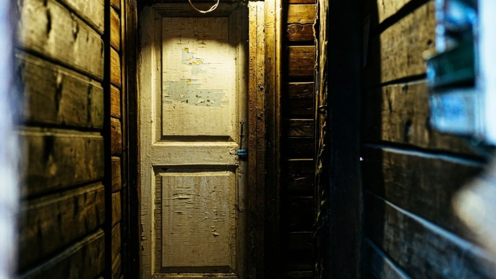A closed, peeling painted door at the end of a narrow wooden passageway, lit by a single dim overhead lamp.